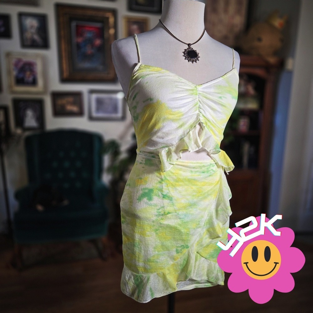 Vintage Y2K Yilibasha Tie Dye Ruffle Cutout‎ Mini Dress Spaghetti Strap Summer